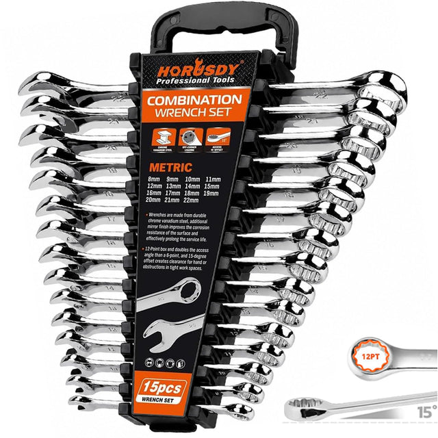 HORUSDY 15-Piece Metric Wrench Sets, Premium Combination Wrench Set Metric 8-22mm, Max Torque, 12-Point, Chrome Vanadium Steel, with Storage Rack