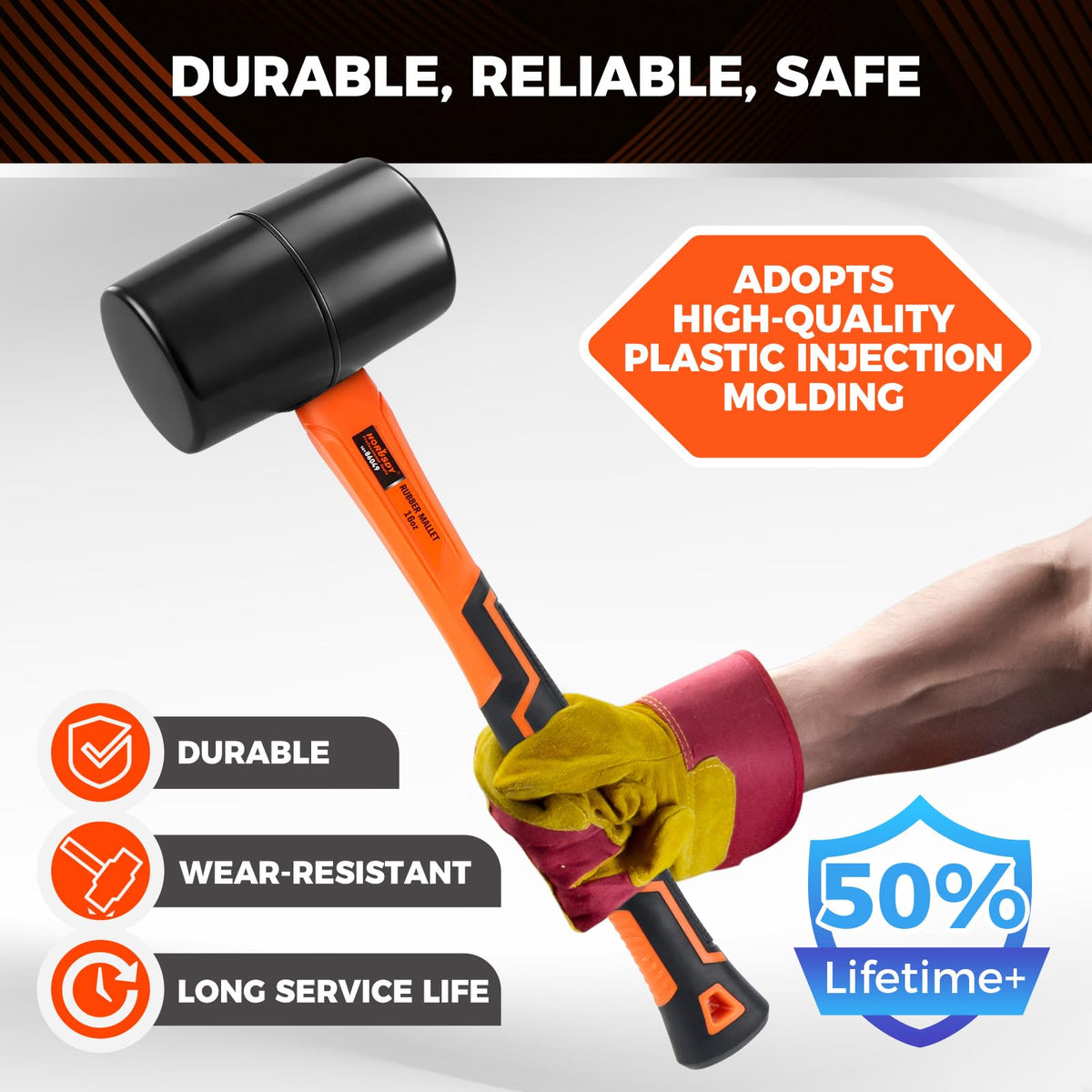 HORUSDY 16oz Durable Rubber Mallet Hammer with Fiberglass Handle, Non-Marring Blow Tool for Flooring, Tent Stakes, Woodworking, and Camping, Non-Slip Grip