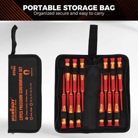 HORUSDY 12-Piece Precision Screwdriver Set, 1000V Insulated Electrician Screwdrivers with Magnetic Tips & Rotatable Top Cap, Phillips PH0/PH00, Slotted 1.8–3mm & Torx T5–T10 with Portable Storage Bag