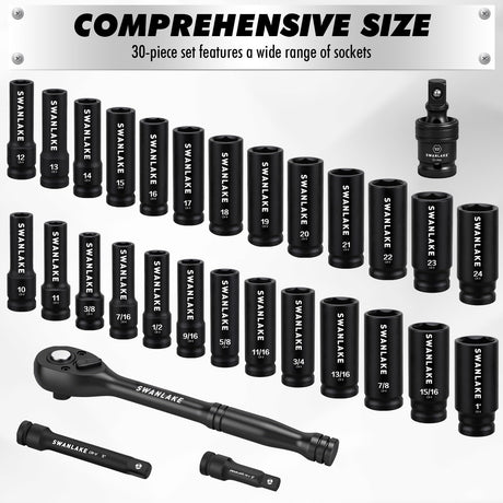 30-Piece 1/2" Drive Impact Socket Set, Standard SAE (3/8-1 inch) and Metric (10-24mm) 6 Point CR-V Steel Deep Socket, Ratchet Handle, 3" & 5" Extension Bar, CR-MO Impact Universal Joint