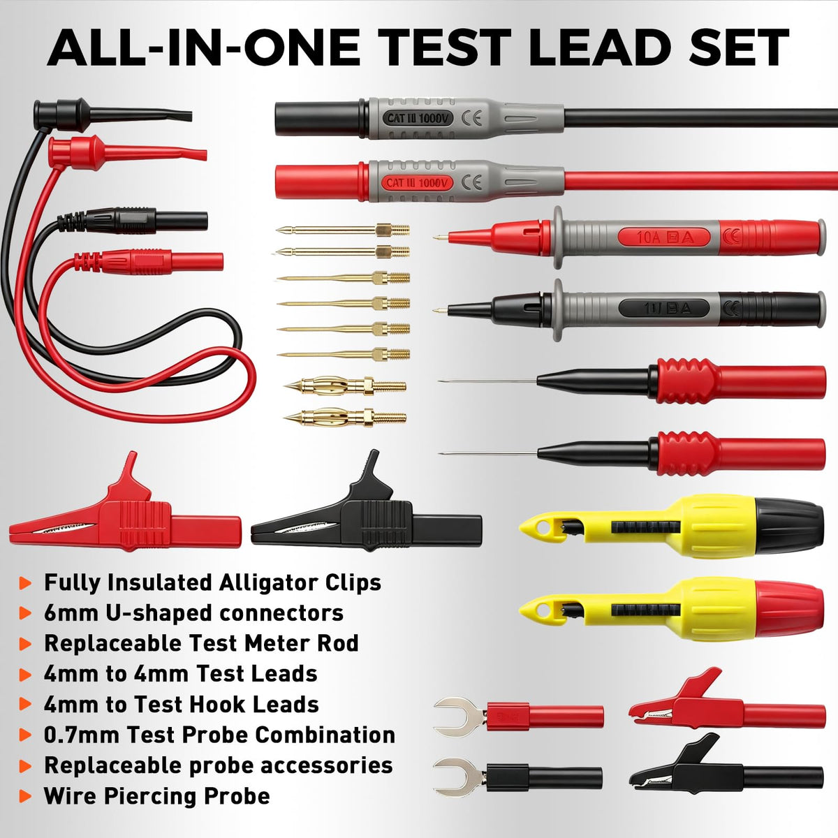 29-Piece Multimeter Test Leads Set, CAT.III 1000V / CAT.IV 600V Multimeter Probes with Alligator Clips, Piercing Probes, Needle Probe, Replaceable Probe Accessories, Soft PVC Volt Meter Lead