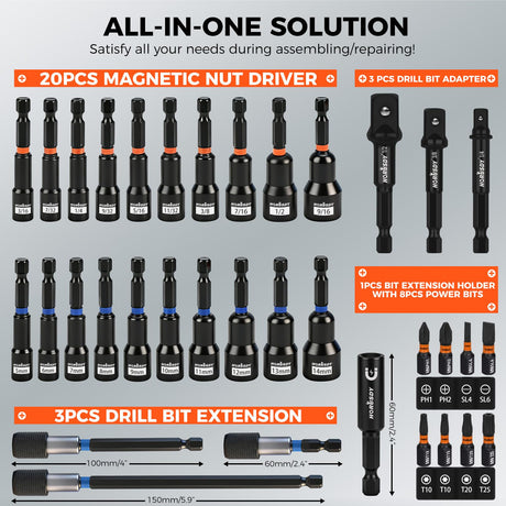 35 PCS Magnetic Nut Driver Set, Impact Drill Driver Bit 1/4" Hex Shank, SAE & Metric Cr-V Steel Nut Drivers with Quick-Release Extensions, Impact Socket Adapters, Bit Holder, 8PCS S2 Bits, Toolbox