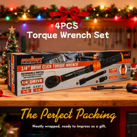 HORUSDY 1/4" Torque Wrench 4PCS Set, 20-240 in-lb Click Torque Wrench with 3" Extension Bar & 1/4" to 3/8" Adapter, Cr-V Inch Pound Torque Wrenches for Bike, Motorcycle & Small Engine Repair