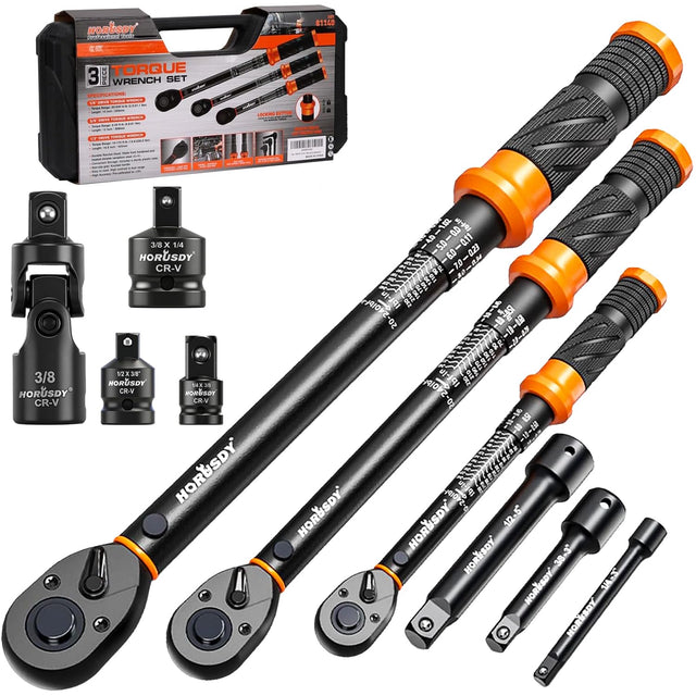 3Pack Torque Wrench Set, 1/4", 3/8", 1/2" Drive Click Torque Wrench Extra with Extension Bars & Adapters, Dual-Direction Adjustable Precision Torque Wrenches for Car, Motorcycle, Bike DIY Maintenance