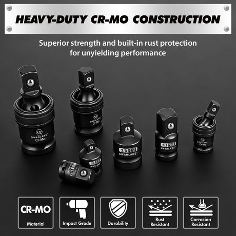 7-Piece Impact Swivel Socket Adapter Set, 1/4" 3/8" 1/2" Drive Universal Joint Socket Set CR-MO Steel, Wobble Joint Sockets Reducer with Magnetic Aluminum Sockets Rail