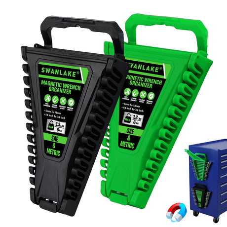 2-Piece Magnetic Wrench Organizer, Metric & SAE Portable Plastic Wrench Holder, 24-Slot Total, Foldable Carrying Handle for Wall-Mounted, Easy-Open Lock Cover, Wrenches Storage Rack Tool for Tool Box