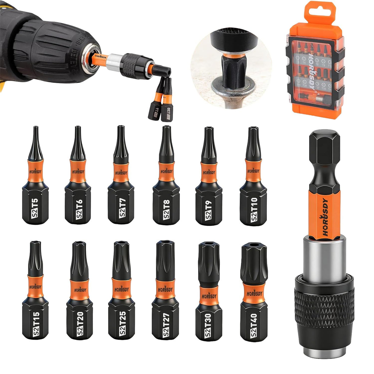 HORUSDY Tamper Proof Torx Bit Set, 13-Pieces T5-T40 Security Torx Bits with Magnetic Tips, Torque Star Bits with 2.1" Self-locking Quick Change and Storage Box, S2 Steel