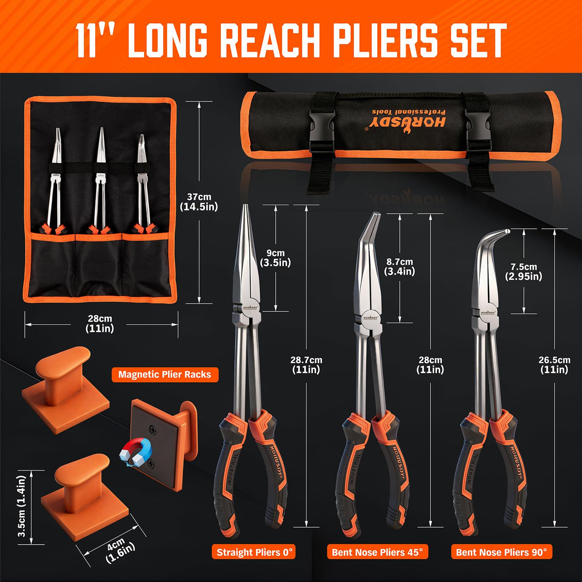 HORUSDY 3-Piece 11 Inch Long Reach Needle Nose Pliers Set, Extra Long Straight, 45° & 90° Bent Nose Pliers with 3 Magnetic Plier Racks and Roll-Up Storage Bag for Tight Spaces | Amazon US image 2