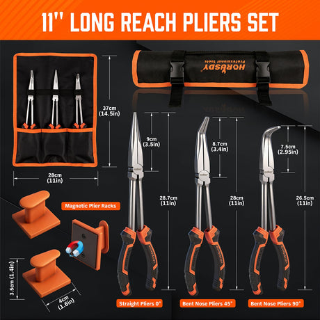 HORUSDY 3-Piece 11 Inch Long Reach Needle Nose Pliers Set, Extra Long Straight, 45° & 90° Bent Nose Pliers with 3 Magnetic Plier Racks and Roll-Up Storage Bag for Tight Spaces | Amazon US image 2