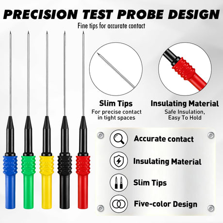 5-Piece Automotive Back Probe Pin Kit, 30V Needle Tip Terminal Test Probes, 4mm Banana Plug Compatible Backprobe Pins for Car Electrical Circuit Testing