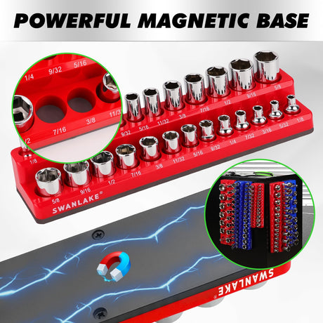 8-Piece Magnetic Socket Organizer Set, SAE & Metric Socket Holders for 1/4", 3/8", 1/2" Drive, Holds 199 Sockets, Rubber-Coated Toolbox Storage Trays, Blue and Red Tool Box Organizer