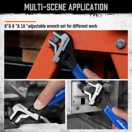HORUSDY 3-Piece Adjustable Wrench Set (6/8/10 in), Wide Jaw Black Oxide Finish, Cr-V Steel, Metric & SAE Scales, Adjustable Spanner Set for Home Garage Workshop