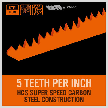 5-Pack 12-Inch Wood Pruning Reciprocating Saw Blades, 5TPI HCS Carbon Steel Sawzall Blades for Fast Cutting Green Wood, Branches & Plastic - Includes Storage Case