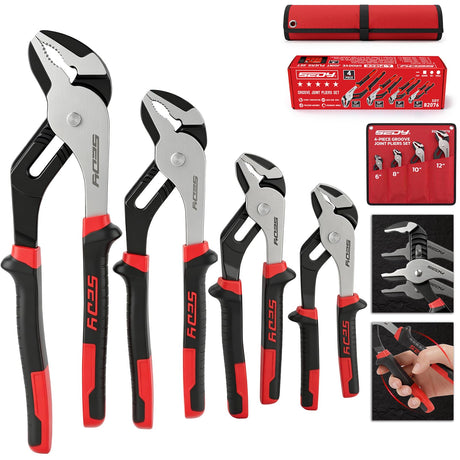 4-Piece Groove Joint Pliers Set, 12" 10" 8" 6" Adjustable Water Pump Pliers with Non-Slip Handles, Straight Jaw Tongue and Groove Pliers for Plumbing, Pipe Fittings, Nuts, Bolts and Home Repair