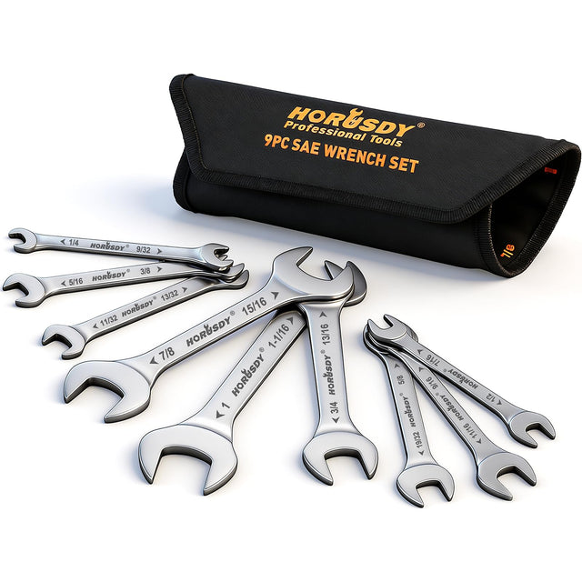 HORUSDY Thin Wrenches Set | SAE | 9-Piece | Including 1/4" - 1" | Bike Wrench Set | Thin Open End Wrench Set with Rolling Pouch