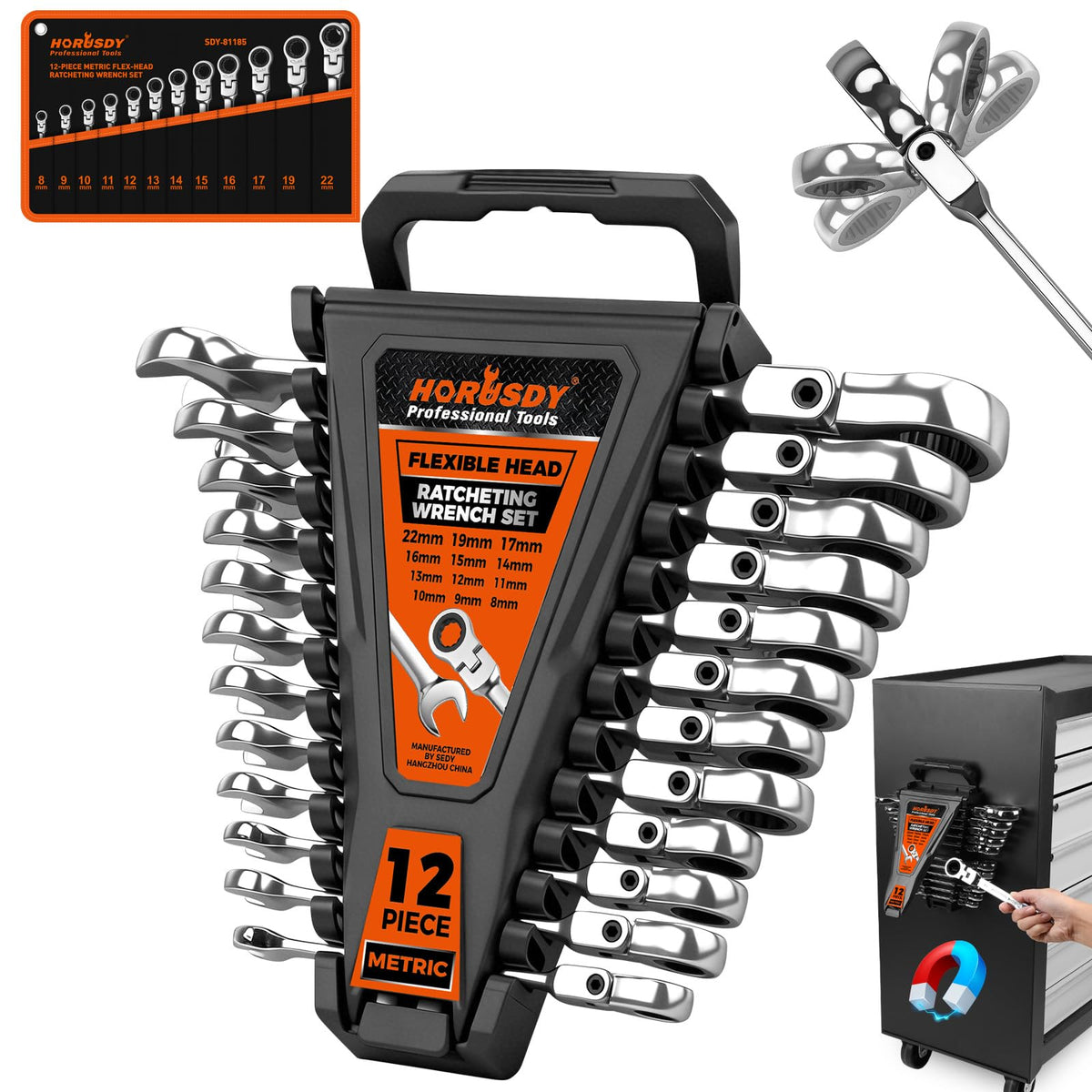 HORUSDY 12-Piece Metric Flex-Head Ratcheting Wrench Set 8-22mm, CR-V Ratchet Combination Wrenches with 72T 180° Flex Head, Magnetic Holder & Tool Bag for Auto, Motorcycle, Home & Repair