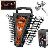HORUSDY 12-Piece Metric Flex-Head Ratcheting Wrench Set 8-22mm, CR-V Ratchet Combination Wrenches with 72T 180° Flex Head, Magnetic Holder & Tool Bag for Auto, Motorcycle, Home & Repair