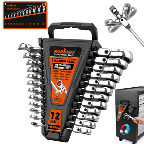 HORUSDY 12-Piece Metric Flex-Head Ratcheting Wrench Set 8-22mm, CR-V Ratchet Combination Wrenches with 72T 180° Flex Head, Magnetic Holder & Tool Bag for Auto, Motorcycle, Home & Repair