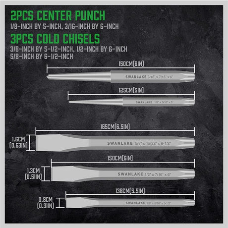 16-Piece Precision Punch & Chisel Set - Taper Punch, Pin Center Punch, Cold Chisels & Gauge for Versatile Applications