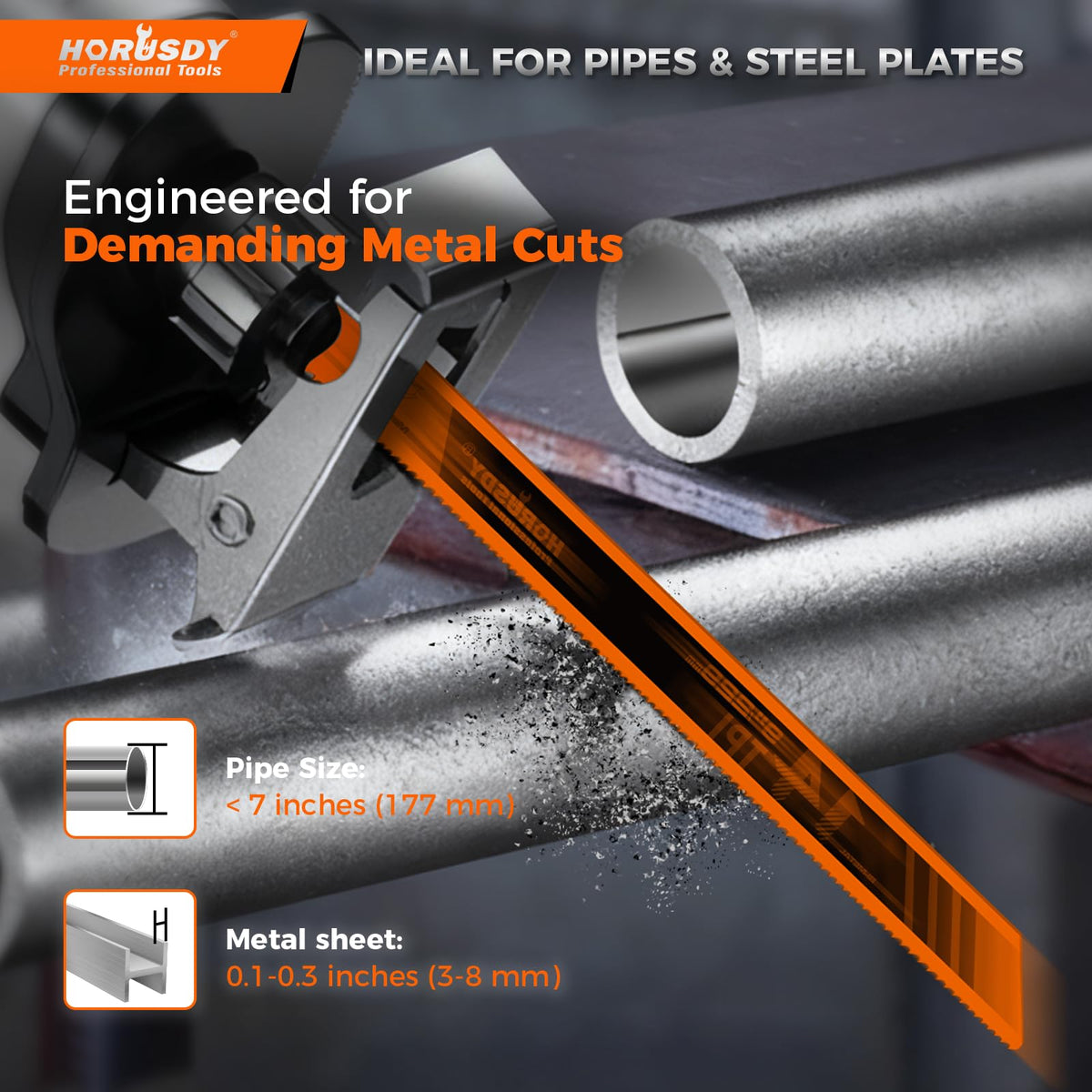 HORUSDY 6PCS 9-Inch 14TPI Bi-Metal Reciprocating Saw Blades, Heavy-Duty Blades for Cutting Steel Pipe, Rebar and Sheet Metal, Universal Shank Fits Most Saws