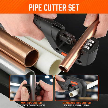 HORUSDY 4-Piece Ultimate Tube Cutter Set, Heavy Duty Pipe Cutter 1/4"-2", Mini Tubing Cutter 1/8"-7/8", Deburring Tool & Inner Outer Reamer for Copper, PVC, Aluminum Plumbing & HVAC Pipes