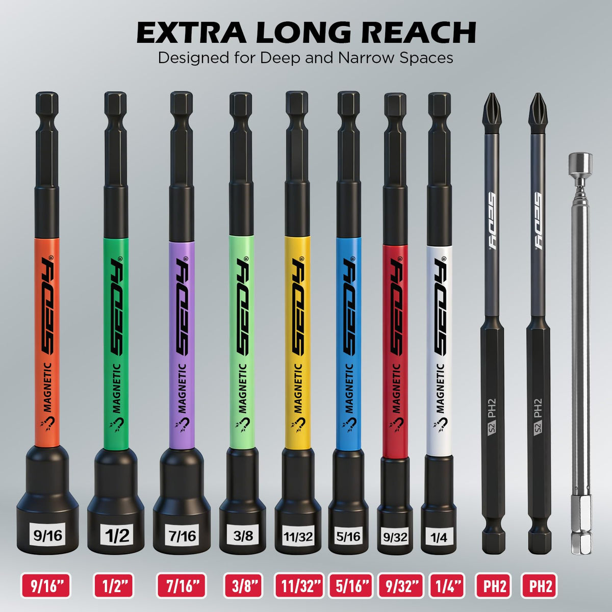 11PCS Magnetic Extra Long Nut Driver Set, SAE 9/16"-1/4", 6" Impact Nut Driver with PH2 Bits, 1.5lb Telescoping Magnetic Pickup Tool & Storage Rail, 1/4" Hex Shank, S2 Steel for Automotive Home Repair