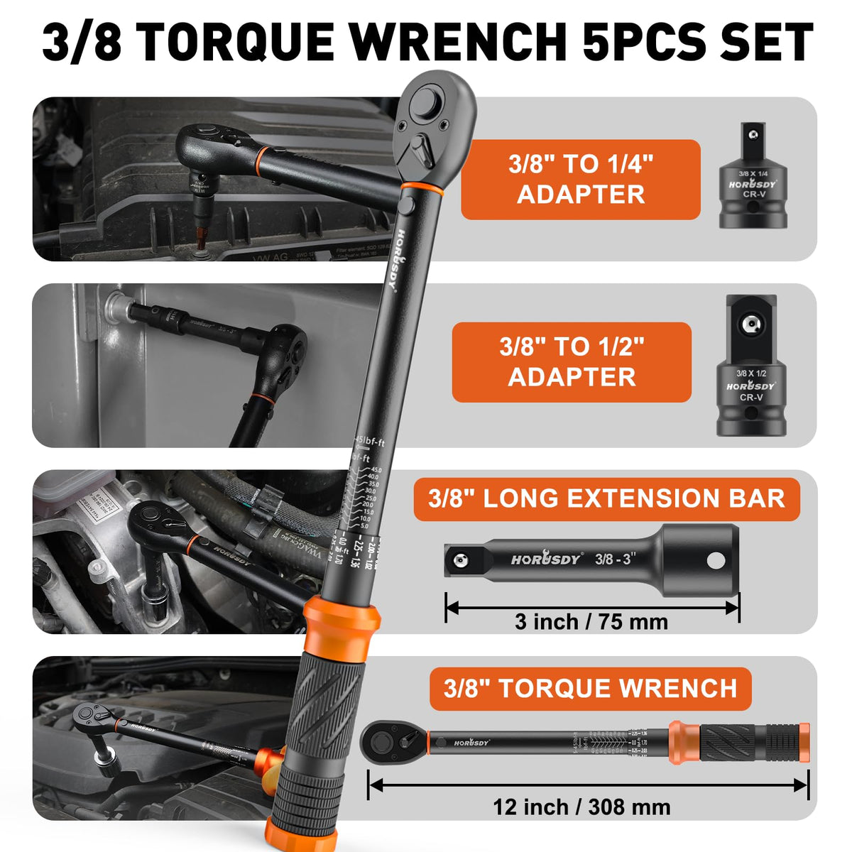HORUSDY 3/8" 5PCS Torque Wrench Set(5–45 ft-lb/ 6.8–61 Nm) – Torque Wrench 3/8 Drive with 3" Extension, 3/8" to 1/4" & 3/8" to 1/2" Adapters, Case for Bike, Car, Moto & Other Repair
