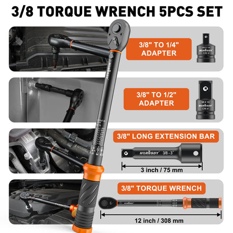 HORUSDY 3/8" 5PCS Torque Wrench Set(5–45 ft-lb/ 6.8–61 Nm) – Torque Wrench 3/8 Drive with 3" Extension, 3/8" to 1/4" & 3/8" to 1/2" Adapters, Case for Bike, Car, Moto & Other Repair
