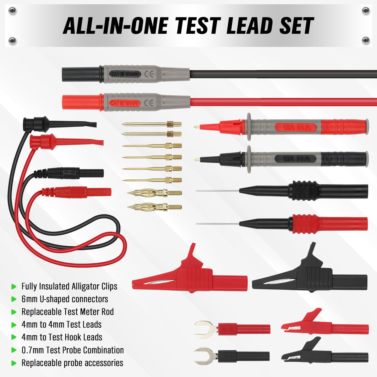 SWANLAKE 27-Piece Multimeter Test Leads Set, CAT.III 1000V / CAT.IV 600V Multimeter Probes with Alligator Clips, Needle Probe, Replaceable Probe Accessories, Soft PVC Volt Meter Lead