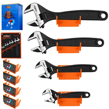 HORUSDY 4-Piece Adjustable Wrench Set With 4-Piece Magnetic Wrench Organizer Racks, 6" 8" 10" Wide Jaw Black Oxide Wrenches with Tool Roll Pouch, Metric&SAE Scales, CR-V Steel for Home Garage Workshop