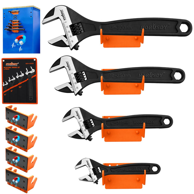 HORUSDY 4-Piece Adjustable Wrench Set With 4-Piece Magnetic Wrench Organizer Racks, 6" 8" 10" Wide Jaw Black Oxide Wrenches with Tool Roll Pouch, Metric&SAE Scales, CR-V Steel for Home Garage Workshop