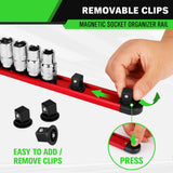 1/2-Inch Magnetic Socket Organizer Rail, Aluminum Alloy Socket Rail, Heavy Duty Sockets Holder with 12 Clips, 360° Swivel Clip Tool Tray, Sockets Organizer for Tool Box Drawer (Red)