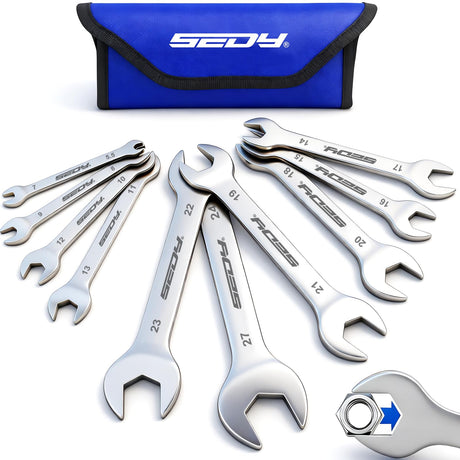 10-Piece Super Thin Open-End Wrench Set, Metric 5.5–27mm, 3mm Thickness Slim Wrench Set for Tight Spaces, Nickel Plated Flat Wrenches with Rolling Storage Pouch