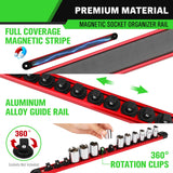 3/8-Inch Magnetic Socket Organizer Rail, Aluminum Alloy Socket Rail, Heavy Duty Sockets Holder with 14 Clips, 360° Swivel Clip Tool Tray, Sockets Organizer for Tool Box Drawer (Red)