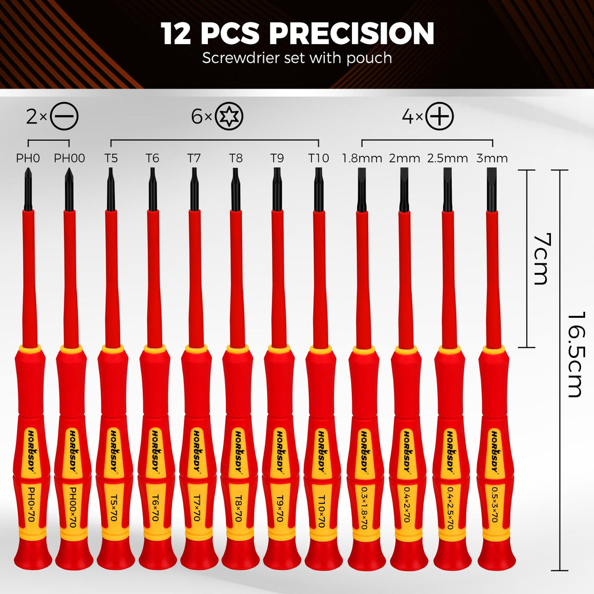 HORUSDY 12-Piece Precision Screwdriver Set, 1000V Insulated Electrician Screwdrivers with Magnetic Tips & Rotatable Top Cap, Phillips PH0/PH00, Slotted 1.8–3mm & Torx T5–T10 with Portable Storage Bag