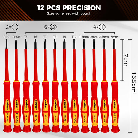 HORUSDY 12-Piece Precision Screwdriver Set, 1000V Insulated Electrician Screwdrivers with Magnetic Tips & Rotatable Top Cap, Phillips PH0/PH00, Slotted 1.8–3mm & Torx T5–T10 with Portable Storage Bag