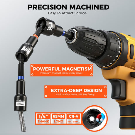 35 PCS Magnetic Nut Driver Set, Impact Drill Driver Bit 1/4" Hex Shank, SAE & Metric Cr-V Steel Nut Drivers with Quick-Release Extensions, Impact Socket Adapters, Bit Holder, 8PCS S2 Bits, Toolbox
