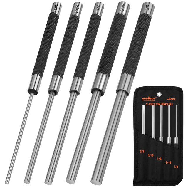HORUSDY 5-Piece Roll Pin Punch Set, 8-Inch Carbon Steel Pin Punch Tool Kit (1/8" to 3/8") with Storage Pouch for Gunsmithing, Watch & Jewelry Repair