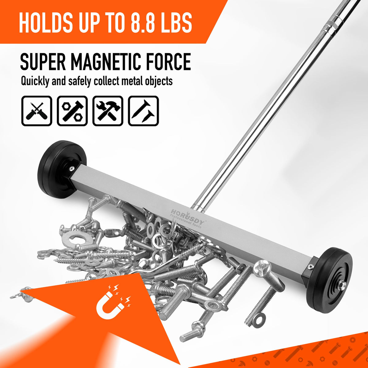HORUSDY 17-Inch Rolling Magnetic Sweeper with Wheels | Adjustable Handle | 8.8-Pound Capacity Heavy-Duty Magnet to Pick Up Nails