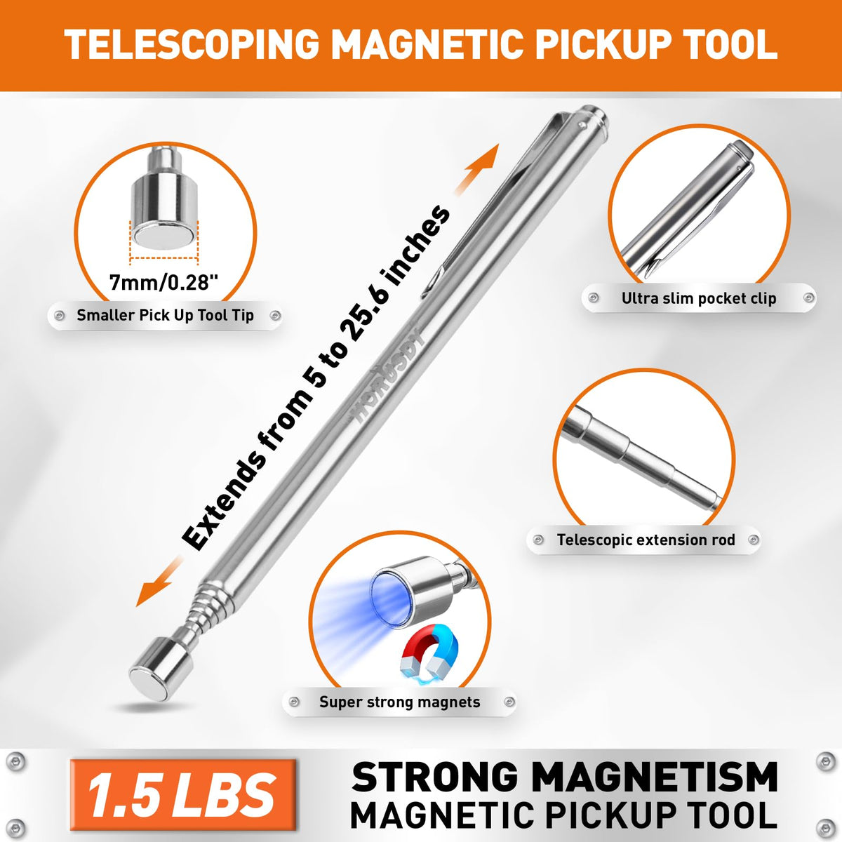 HORUSDY 4PCS Telescoping Magnetic Pick Up Tool Kit, Magnetic Sweepers Set with 360° Inspection Mirror, 2 Telescoping Magnetic Pickup Tools (5–25.6/6.9–29.5 in) & 24 in Flexible Claw Grabber