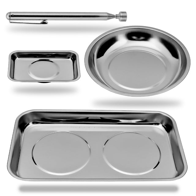 HORUDSY 4PC Magnetic Tray Set with Magnet Stick – Extra Strong Magnets, Stainless Steel Trays, and Telescoping Pickup Tool for Organizing and Retrieving Metal Parts