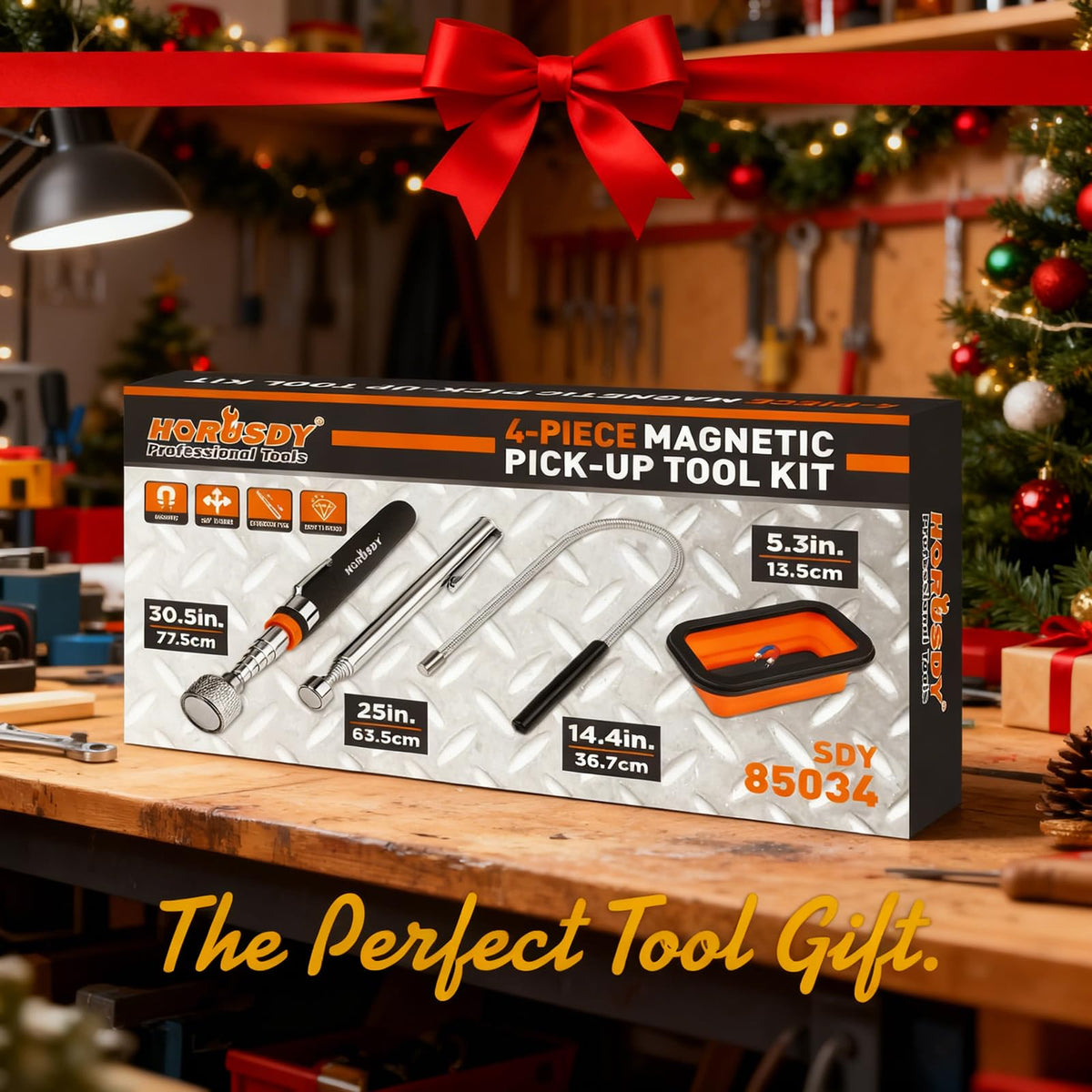 HORUSDY 4 - PIECE Magnetic Pickup Tools Kit | Extendable Telescoping Magnet Pick Up Tool Set 7-30.5” & 5-25” | Bend-It Flexible Magnetic Sweeper | Collapsible Parts Tray for Garage Workshop Yard