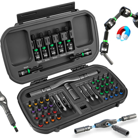 46 in 1 Magnetic Ratchet Screwdriver Set, Multi-Bit Screwdriver Kit, Nut Driver Set, Detachable Ratchet Handle with Storage Case, Repair Tool Kit for Furniture, Computer, Bicycle