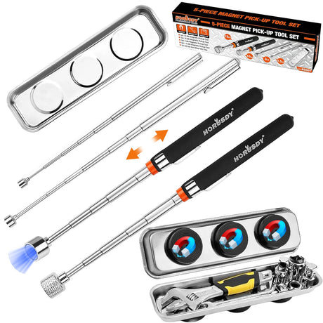 HORUSDY 5-PIECE Magnetic Pickup Tools Set, Include 15LB, 10LB, 3LB, 1.5LB Magnet Sticks, Rust-Proof Magnetic Tray, Telescoping Design for Mechanics, Automotive, DIY, Gifts for Men, Dad, Husband