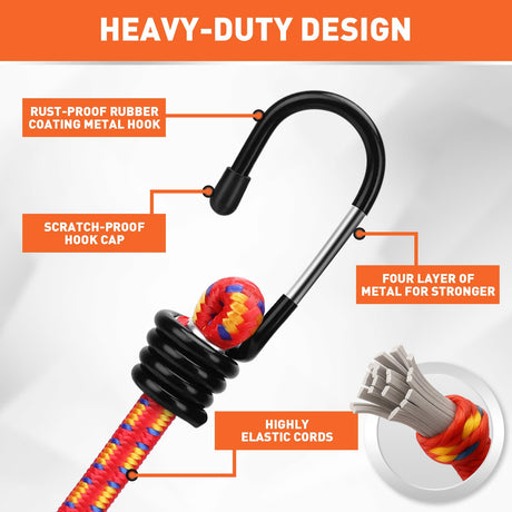 HORUSDY 21 - Piece Bungee Cord Set with Hooks & Straps, 10”/18”/24”/30”/36”/48” Heavy Duty Bungee Cords Assortment for Camping, Truck, Moving, Emergency, Outdoor Storage (30 Nylon Cable Ties Extra)
