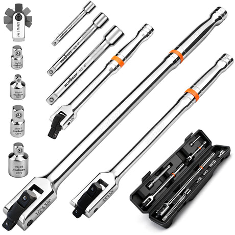 HORUSDY 10-Piece Dual-Drive Breaker Bar Set, Heavy-Duty Torque Kit with 360° Rotatable Head, Premium Cr-V Steel, Spring-loaded Detent Ball, Extension Bars & Socket Adapters, Durable Storage Case
