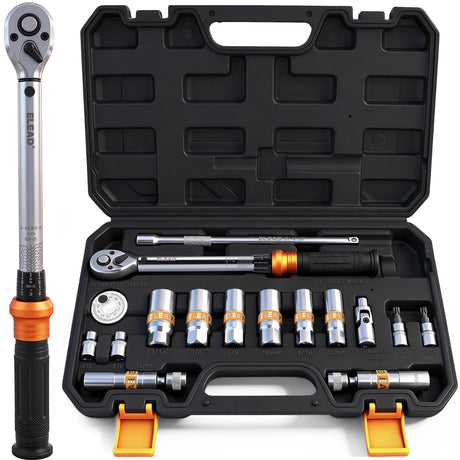 16-Piece Spark Plug Socket Set, 3/8" Drive Swivel Magnetic Spark Plug Removal Tool Kit with Torque Wrench (5–45 lb-ft), E-Torx & Torx Bit Sockets, Extensions & Universal Joint