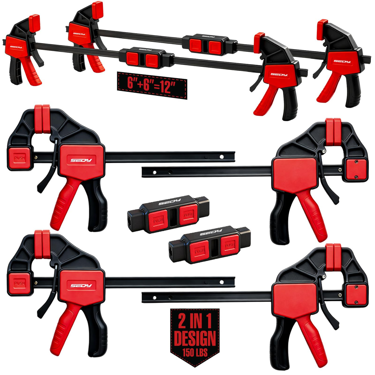 6-Pack 6 Inch Bar Clamps for Woodworking with Clamp Connector, 6" Quick-Release Wood Clamps with 150 LBS Load Limit, Trigger Clamp Set, One-Handed Clamps/Spreader Ideal for Woodworking DIY Projects