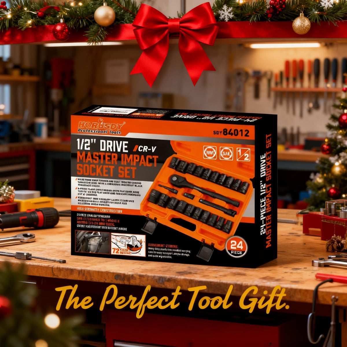 HORUSDY 1/2" Drive Shallow Impact Socket Set, 24-Piece SAE (7/16"-1") and Metric (13-24mm), 6 Point, Cr-V, Includes 1/2-Inch Drive Ratchet Handle, Drive Extension Bar