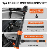 HORUSDY 1/4" Torque Wrench 4PCS Set, 20-240 in-lb Click Torque Wrench with 3" Extension Bar & 1/4" to 3/8" Adapter, Cr-V Inch Pound Torque Wrenches for Bike, Motorcycle & Small Engine Repair